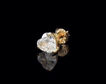 0.25-0.75ct Heart Created Diamond Stud Earring 14K Solid Yellow Gold Solitaire Basket, SINGLE EARRING
