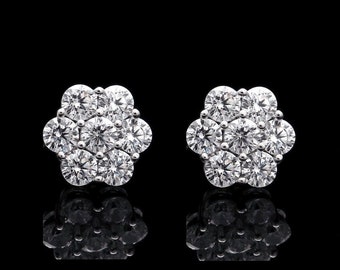 Flower Earrings Cluster Brilliant Created Diamond 0.84ct - 1.54ct 14K Yellow / White Gold 7-Stone Studs, for women, for men, minimalist