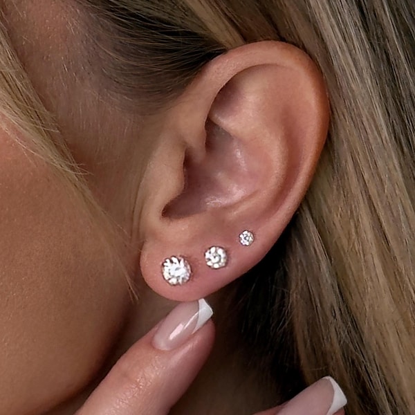 14k Gold Created Diamond Earrings Push-back, Round Cut Studs, Wedding Gift, Everyday Dainty Jewelry