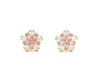 1CT Marquise Pink Princess Created Diamond Earrings 14k Yellow Gold Screwback