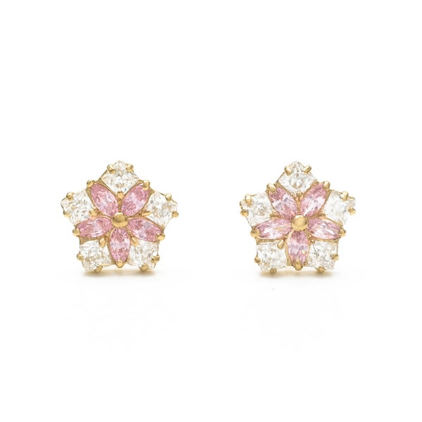 1CT Marquise Pink Princess Created Diamond Earrings 14k Yellow Gold Screwback