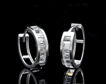 0.14Ct Baguette Created Diamond Huggie Earrings Solid 14K White Gold VVS1 10mm