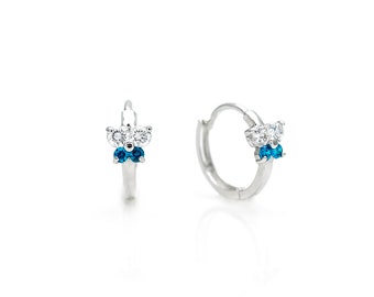 0.16tcw Created Diamond & Blue Topaz Butterfly Huggie Earrings 14k Yellow / White Gold