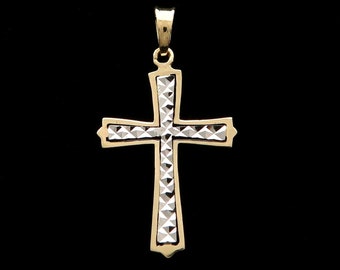NEU Kreuz Anhänger 14K Gelb & Weiß Gold Diamantschliff Kruzifix religiöser Anhänger