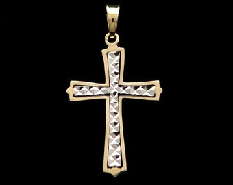 NEW Cross Pendant 14K Yellow & White Gold Diamond Cut Crucifix Religious Charm