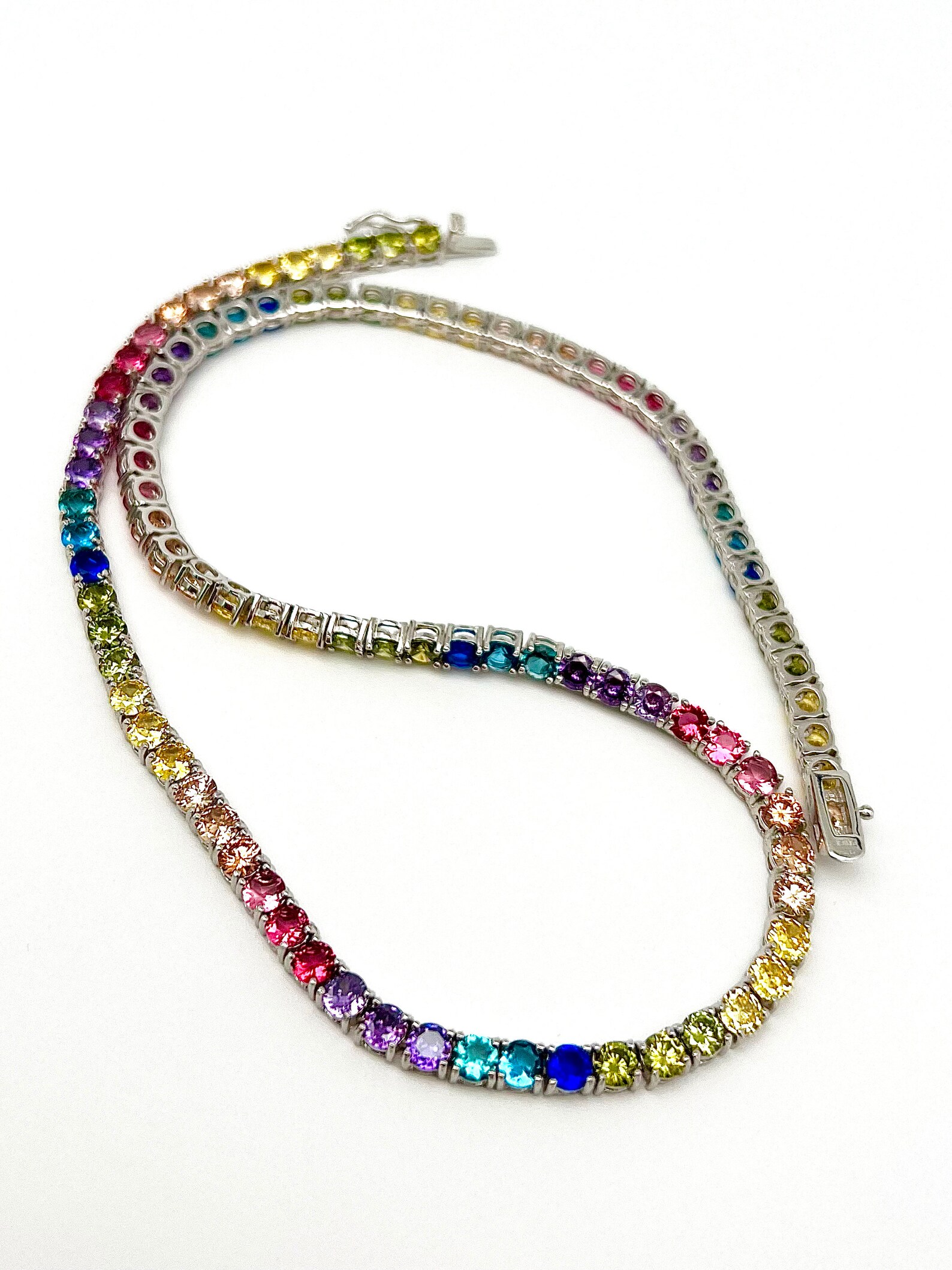 Tennis Necklace 4mm 25.00TCW Round Color Gemstone Rainbow 925 Solid ...