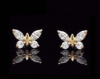 0.40tcw Created Diamond Solid Butterfly Earrings 14k Yellow Gold Screwback Studs