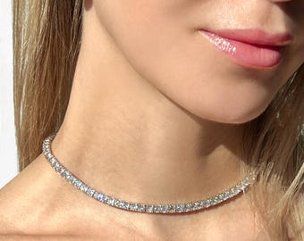 Sterling Silver Tennis Necklace, 3mm Created Diamond Choker, Minimalist Luxury Jewelry, Elegant Diamond Choker