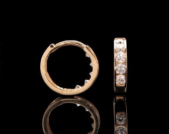 0.10Ct Created Diamond Huggie Hoop Earrings 14K Yellow / White Gold Round Cut VVS1 10mm