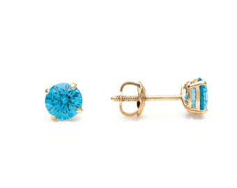 14K Yellow Gold Solitaire Natural Gemstones Earrings Round Studs, Screwback