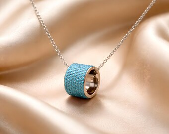 1.00ct Created Turquoise Blue Pave Charm 925 Tone Sterling Silver Necklace 18"