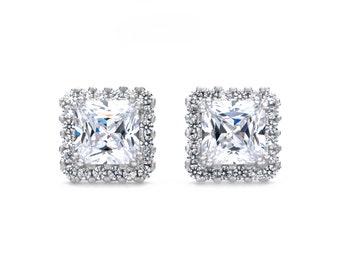 925 Sterling Silver Halo 2.00ct Princess-cut Created Diamond Gemstone Stud Earrings, Push back