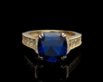 4.27TCW Cushion Blue Sapphire & Created Diamond Ring Solid 14K Yellow / White Gold Band