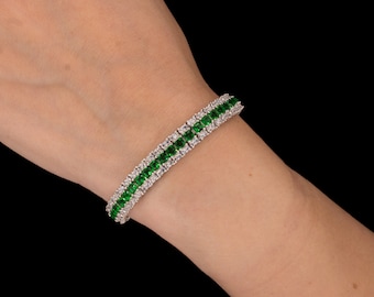 Tennis Bracelet 8mm 15.00TCW Princess Cut Created Diamond & Emerald 3-rows 925 Sterling Silver