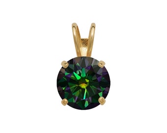 14k Gold Rainbow Green Moissanite Pendant 0.25-2.75ct D VVS1 Diamond Brilliant Round Solitaire 14K Yellow, White Gold Charm GIA certified