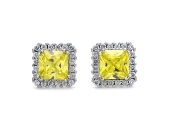925 Sterling Silver Halo 2.00ct Princess-cut Created Diamond Gemstone Stud Earrings, Push back