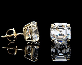 Asscher Cut Moissanite Earrings Diamond 1.42 -6.00 ct. T.W. 14k Gold Solitaire Studs, Screw-back for women, for men, minimalist, gift