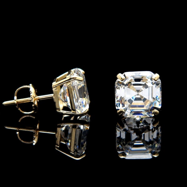 Asscher Cut Moissanite Earrings Diamond 1.42 -6.00 ct. T.W. 14k Gold Solitaire Studs, Screw-back for women, for men, minimalist, gift