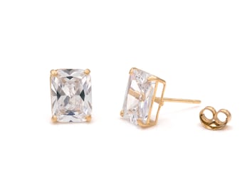 3.48 twc Created Diamond Emerald Cut Solitaire Earrings Solid 14K Yellow or White Gold Basket Studs, Push-back