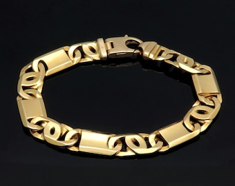 8.5” Tiger Eye Mens Bracelet 14k Solid Yellow Gold 8 / 9mm Thick & Heavy