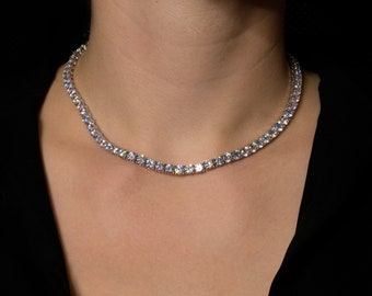 Tennis Necklace 5mm 36.00-67.00TCW Round Created Diamond 925 Solid Sterling Silver Chain, for men, for women, wedding