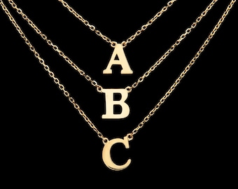 A-Z Initial Letter Pendant 14K Solid Yellow / White Gold Name Charm 16" Cable Link Chain