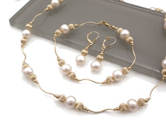 Pearl & Gold Ball Necklace Set with Bracelet and Lever-back Earrings Chain 14K Solid Yellow / White Gold / Sterling silver 925