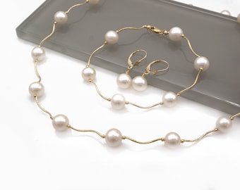 Pearl Necklace Set with Bracelet and Lever-back Earrings Chain 14K Solid Yellow / White Gold