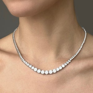Graduated Tennis Necklace Created Diamond 16.32 925 Solid Sterling Silver or 14k Yellow gold Tone 925, for women, for men, wedding