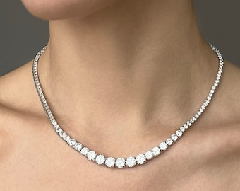 Graduated Tennis Necklace Created Diamond 16.32 925 Solid Sterling Silver or 14k Yellow gold Tone 925, for women, for men, wedding