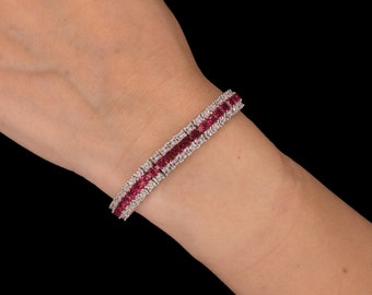 Tennis Bracelet 8mm 15.00TCW Princess Cut 3-rows Created Diamond & Ruby 925 Sterling Silver