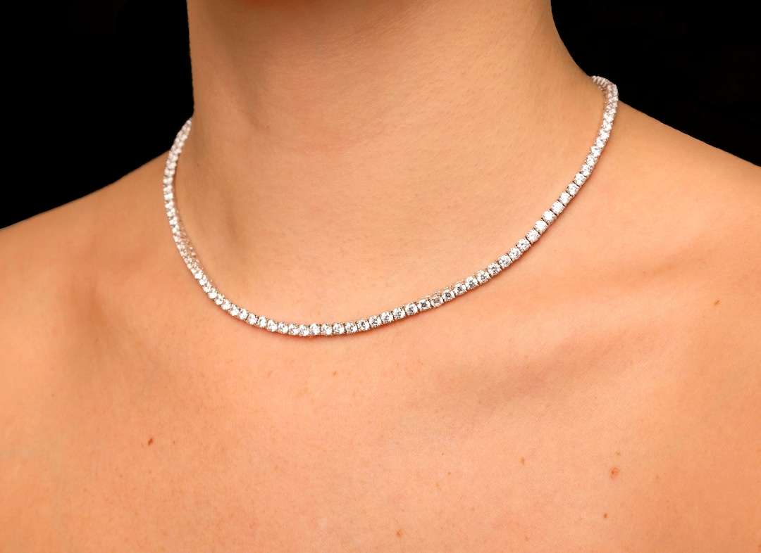 Diamond Tennis Necklace 3mm Round Cut Created Diamond Real Solid Sterling Silver 925 Chain Iced Out Silver Choker Bridal for Women Etsy