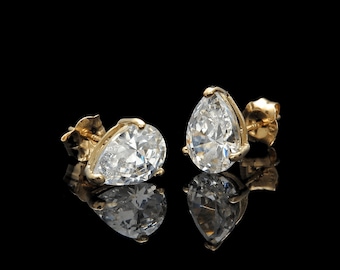 Pear Shape Created Diamond 0.25ct-0.75ct Earrings Studs 14K Yellow of White Gold Heavy Basket, SINGLE EARRING
