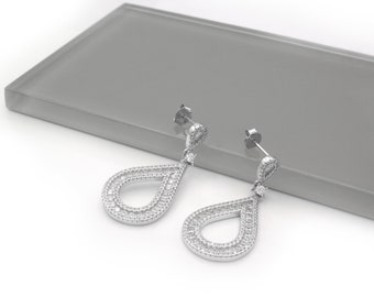 4.86TCW Pave Created Diamond Open Teardrop Dangle Earrings 925 Sterling Silver, Push-back