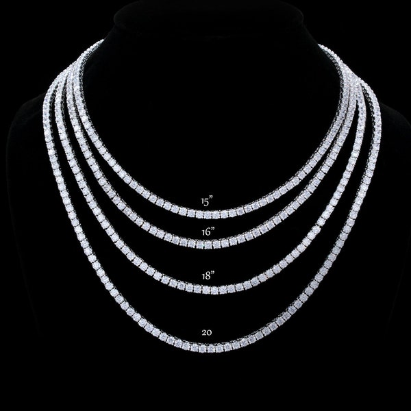 Tennis Necklace 3mm 13.75-78.00TCW Round Created Diamond 925 Solid Sterling Silver Chain, for men, for women, choker