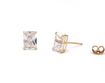 1.32 twc Created Diamond Emerald Cut Solitaire Earrings Solid 14K Yellow or White Gold Basket Studs, Push-back