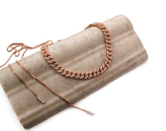 Pave Miami Cuban Curb Link Chain Necklace Created Diamond 3.84TCW  Box Chain Sterling Silver 925 Rose Gold Tone 10"-28"