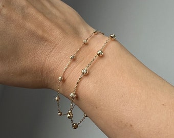 Diamond cut Ball Style Chain Station Bracelet Solid 14K Yellow, White, Rose Gold, women, men, minimalist, classic, oval chain, beads jewelry
