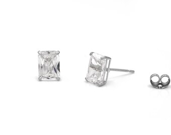 2.12 twc Created Diamond Emerald Cut Solitaire Earrings Solid 14K Yellow or White Gold Basket Studs, Push-back
