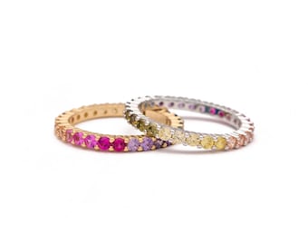 1.00ct T.W. Created Rainbow Band Gemstone Eternity Ring 925 Sterling Silver / Gold Tone 2mm