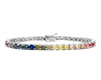 Tennis Bracelet 4mm 12.00TCW Round Cut Multi-Color Gemstone 925 Sterling Silver
