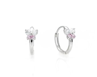 0.16tcw Created Diamond & Tourmaline Pink Butterfly Huggie Earrings 14k Yellow / White Gold
