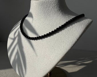 Natural Black Onyx Necklace Round Beaded with 14K Yellow / White Gold clasp and Beads (optional)