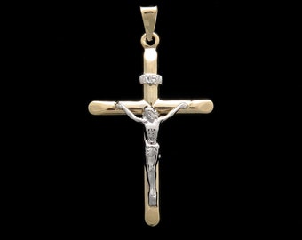 NEW Cross Pendant 14K Yellow & White Gold Crucifix Religious Jesus Hollow Charm