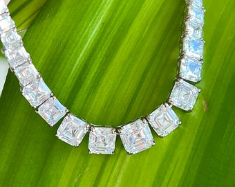Tennis Necklace 47.00-53.00TCW Asscher Cut Graduated Created Diamond 925 Sterling Silver / Yellow gold Tone