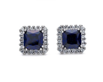 925 Sterling Silver Halo 2.00ct Princess-cut Created Diamond Gemstone Stud Earrings, Push back