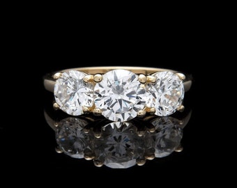 Moissanite Diamond Engagement Ring 1.56ct Round cut Solid 14K Yellow Gold Three Stone Band, wedding, for her
