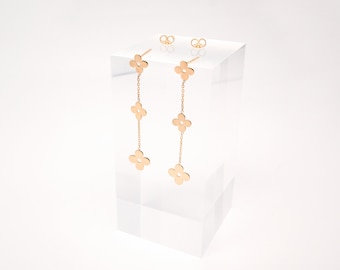 Flower Clover Lucky Charm 14k Solid Yellow Gold Dangle & Drop Earrings Push-back