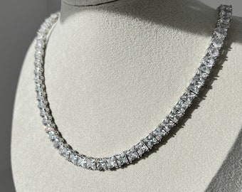 Tennis Necklace 5mm 55.38TCW Princess cut Created Diamond 925 Solid Sterling Silver Chain, for men, for women, choker