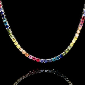Tennis Necklace 4mm 25.00TCW Round Color Gemstone Rainbow 925 Solid Sterling Silver Chain, for women, for men, gift